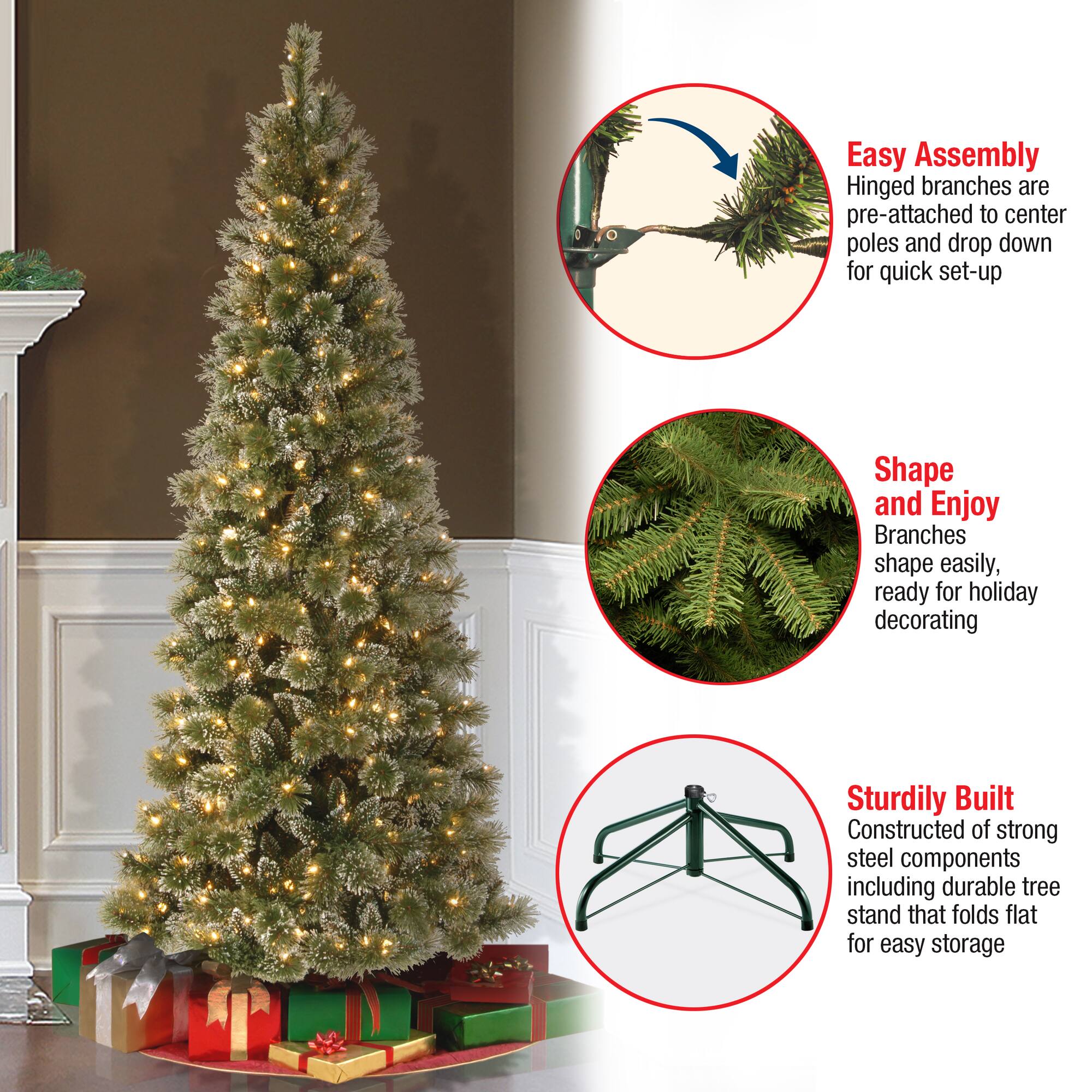 7.5 ft. Pre-lit Hinged Glittery Bristle Pine Slim Artificial Christmas Tree, Soft White LED Lights